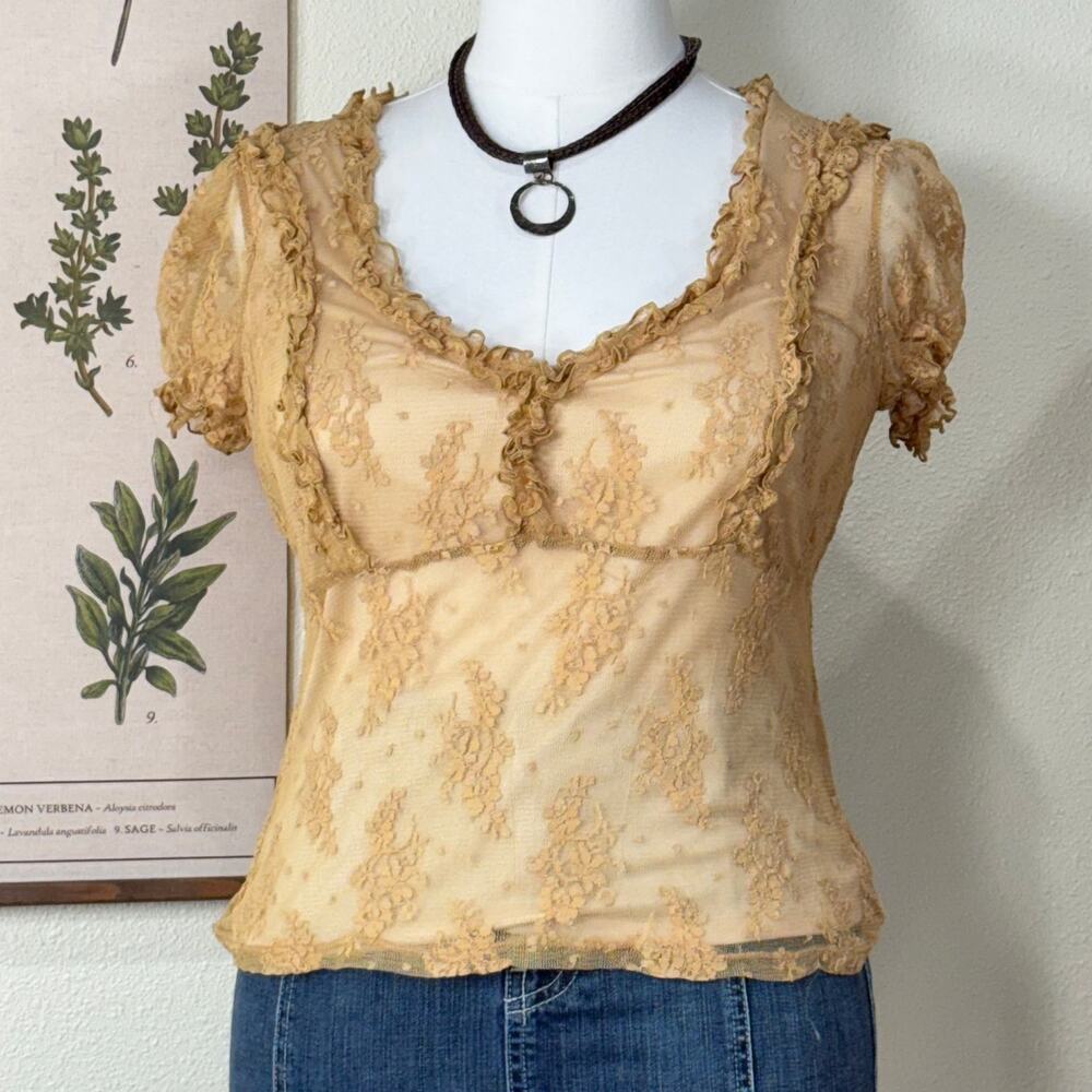 Y2k Floral Lace Ruffle Tie Back Babydoll Top Fairy Grunge Boho Coastal Cowgirl M